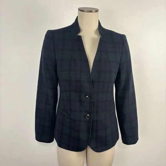 Talbots Factory Womans 8 Black Watch Tartan Navy Blue Plaid Wool Blend Blazer - Picture 1 of 7